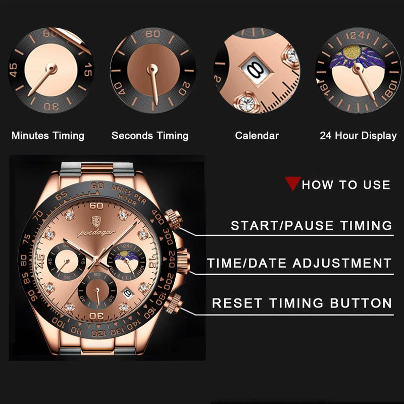 Luxury Watch for Men Chronograph Waterproof Luminous Date Man Wristwatch Stainless Steel Men'S Watches Quartz Clock+Box
