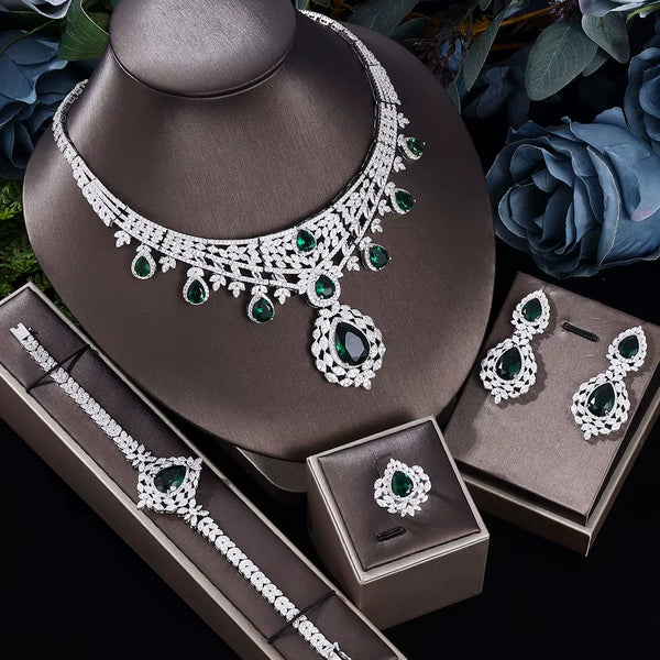 Fashion Green Zirconia Jewelry Sets UAE Dubai Bridal Jewelry Set for Women Wedding Party Nigerian African Necklace Earring Set