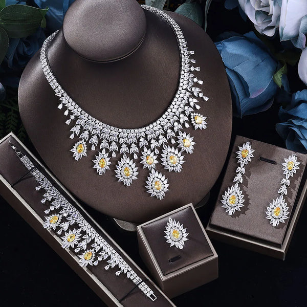 Luxury Drop Earrings Necklace Cubic Zirconia Jewelry 4Pcs Set Dubai Birdal Jewelry Sets Wedding Pary Brides Accessories