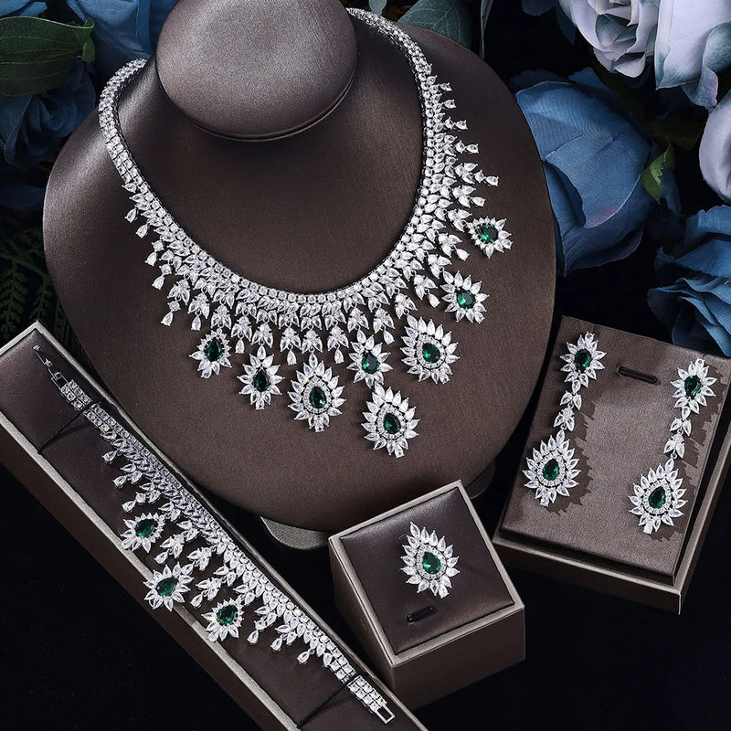 Luxury Drop Earrings Necklace Cubic Zirconia Jewelry 4Pcs Set Dubai Birdal Jewelry Sets Wedding Pary Brides Accessories