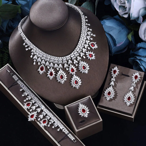 Luxury Drop Earrings Necklace Cubic Zirconia Jewelry 4Pcs Set Dubai Birdal Jewelry Sets Wedding Pary Brides Accessories