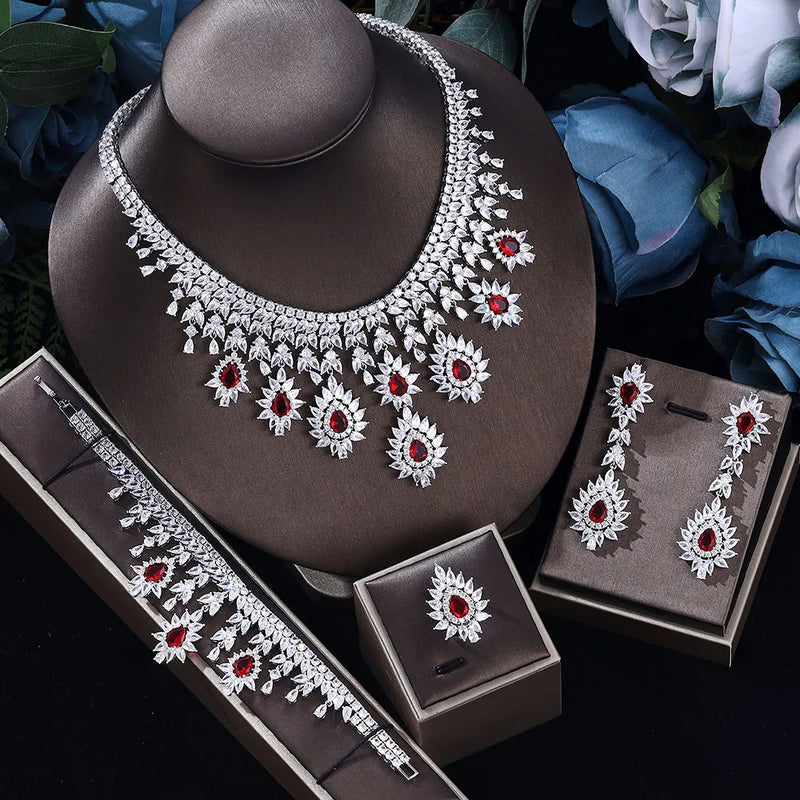 Luxury Drop Earrings Necklace Cubic Zirconia Jewelry 4Pcs Set Dubai Birdal Jewelry Sets Wedding Pary Brides Accessories