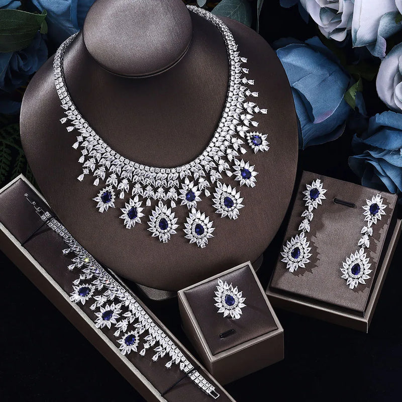 Luxury Drop Earrings Necklace Cubic Zirconia Jewelry 4Pcs Set Dubai Birdal Jewelry Sets Wedding Pary Brides Accessories