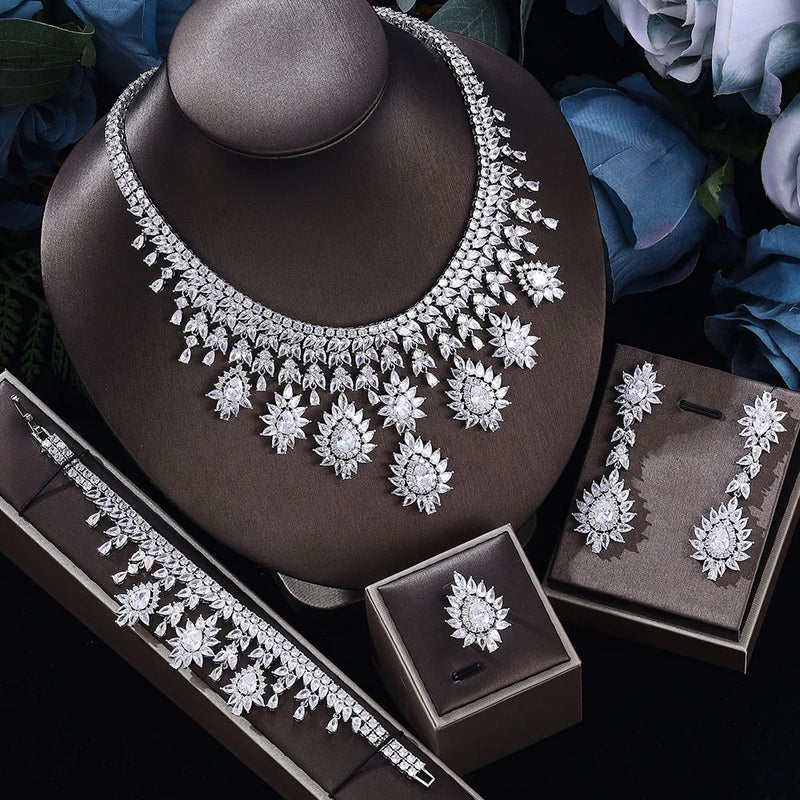 Luxury Drop Earrings Necklace Cubic Zirconia Jewelry 4Pcs Set Dubai Birdal Jewelry Sets Wedding Pary Brides Accessories