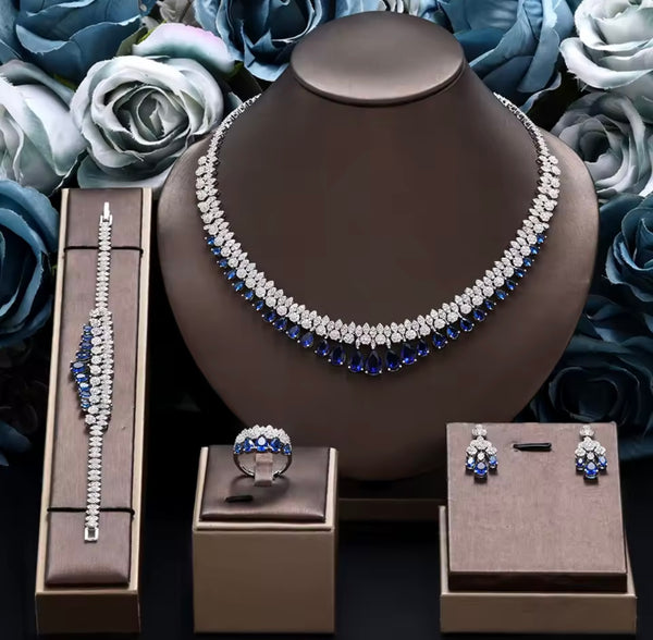 Luxury White Cubic Zirconia Bridal Jewelry Set Brides Accessories Tassel Water Drop Necklace Earring 4pcs Set for Wedding Party