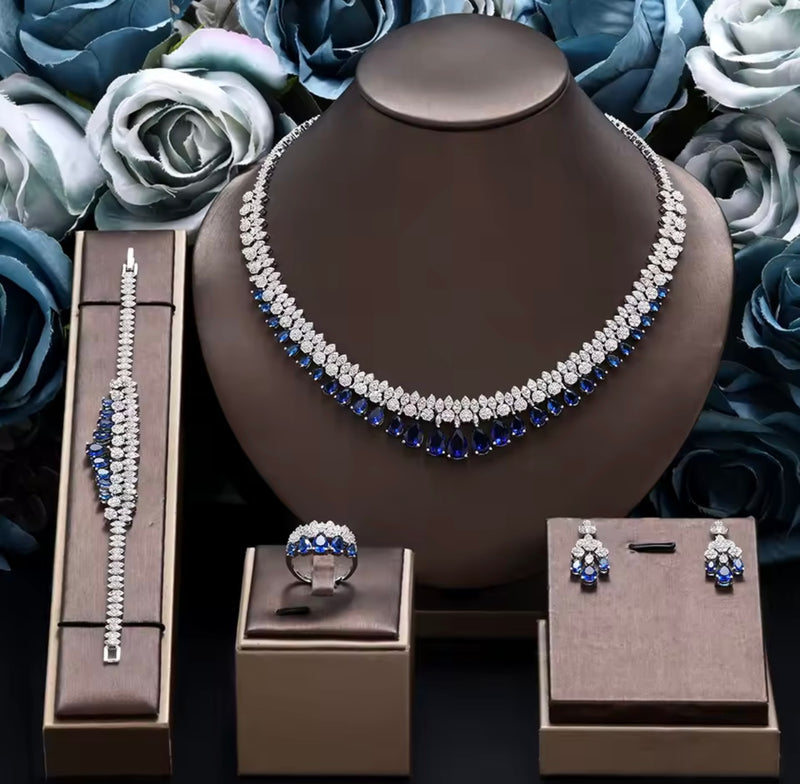 Luxury White Cubic Zirconia Bridal Jewelry Set Brides Accessories Tassel Water Drop Necklace Earring 4pcs Set for Wedding Party