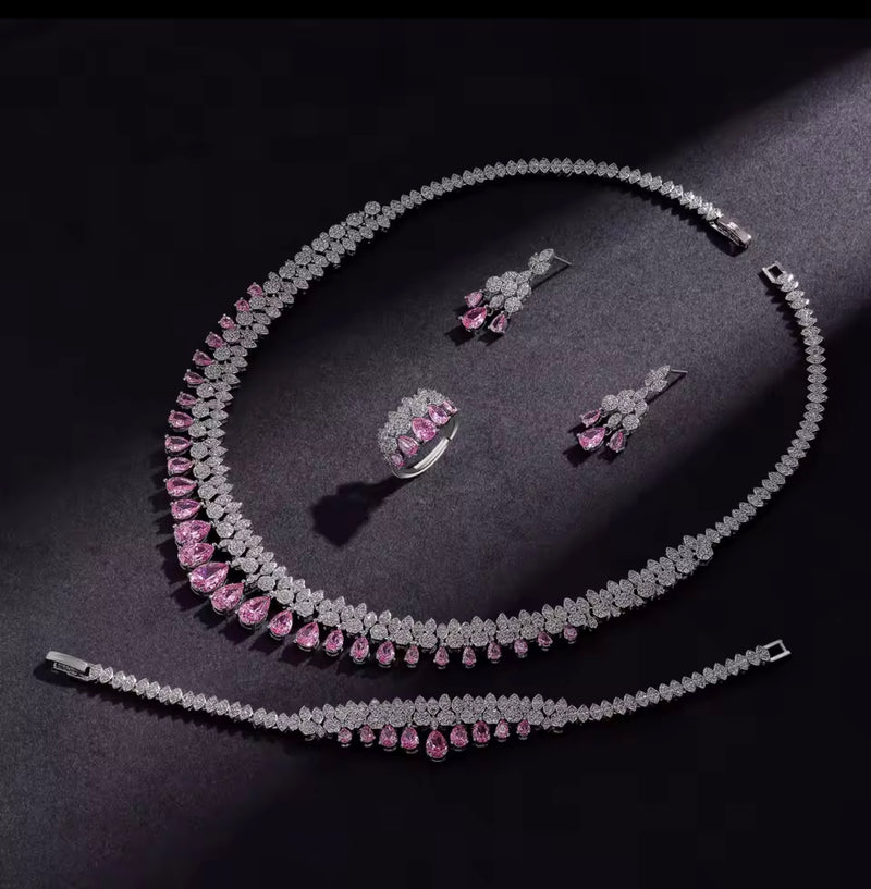 Luxury White Cubic Zirconia Bridal Jewelry Set Brides Accessories Tassel Water Drop Necklace Earring 4pcs Set for Wedding Party