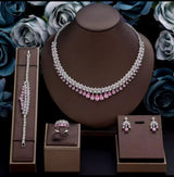 Luxury White Cubic Zirconia Bridal Jewelry Set Brides Accessories Tassel Water Drop Necklace Earring 4pcs Set for Wedding Party