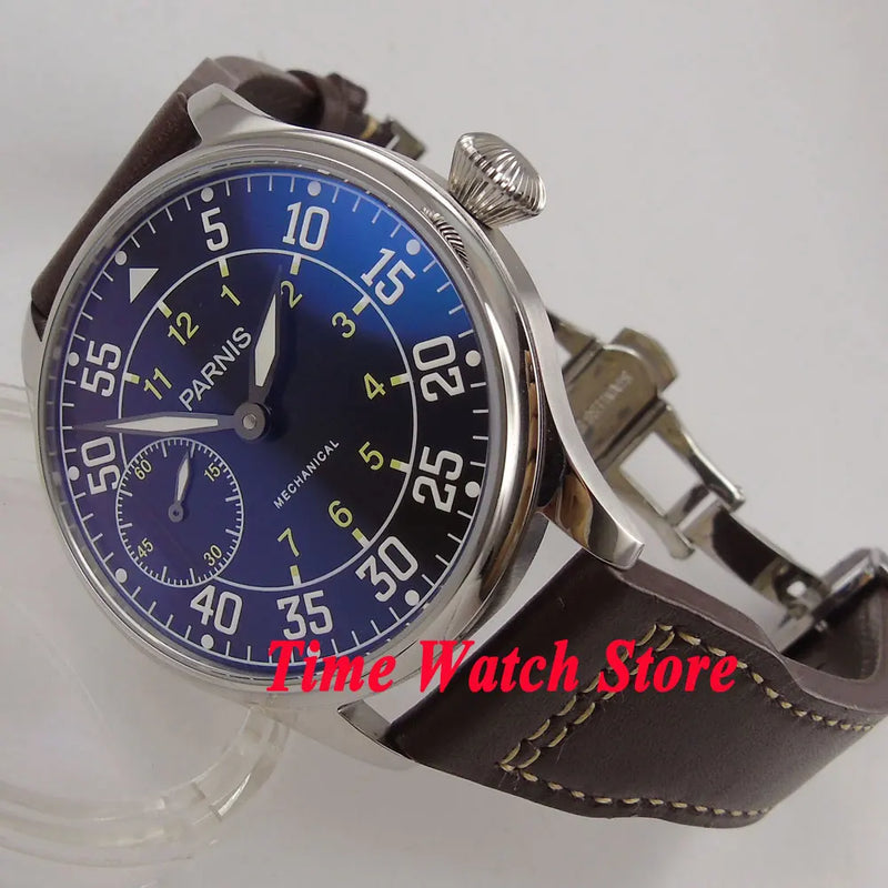 Parnis Pilot Aviator Men's Watch Classic Asia 6497 Hand-winding Movement Black White Dial Luminous 316L Stainless Steel 44mm