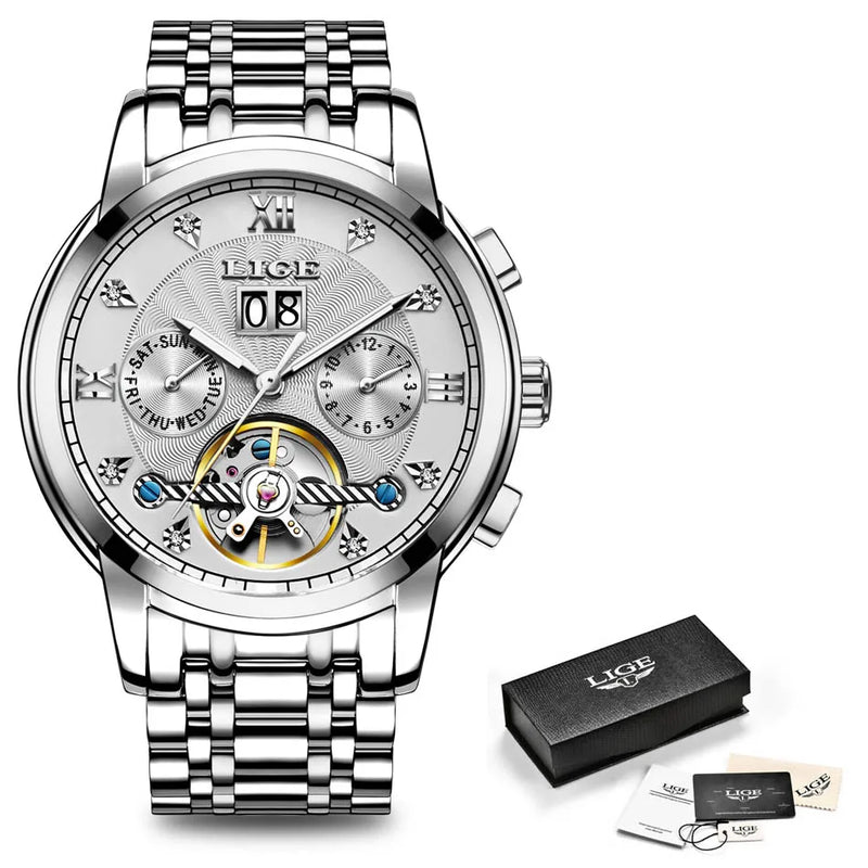 Men's Luxury Automatic Mechanical Tourbillon Watch - Stainless Steel Sport Timepiece