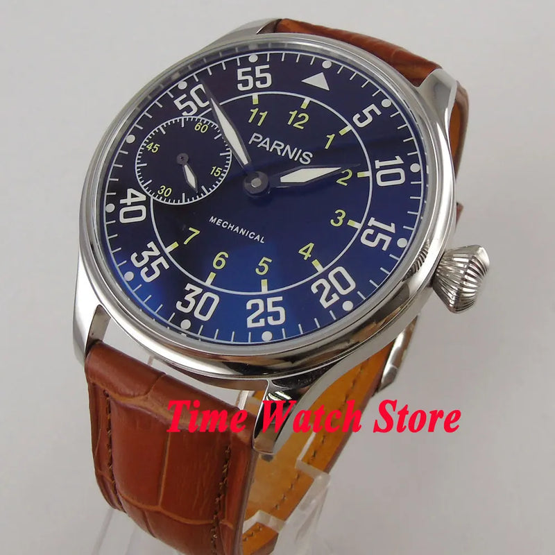 Parnis Pilot Aviator Men's Watch Classic Asia 6497 Hand-winding Movement Black White Dial Luminous 316L Stainless Steel 44mm