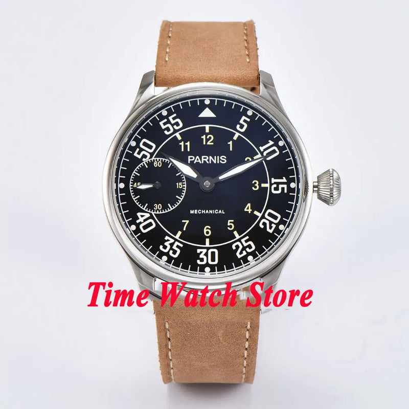 Parnis Pilot Aviator Men's Watch Classic Asia 6497 Hand-winding Movement Black White Dial Luminous 316L Stainless Steel 44mm