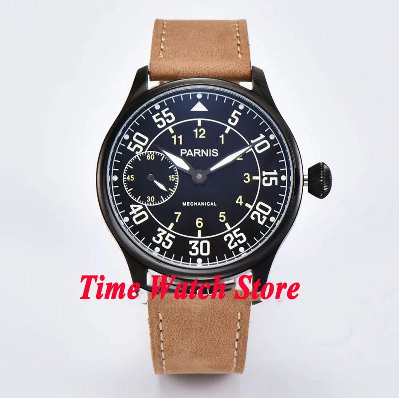 Parnis Pilot Aviator Men's Watch Classic Asia 6497 Hand-winding Movement Black White Dial Luminous 316L Stainless Steel 44mm