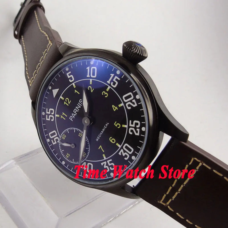 Parnis Pilot Aviator Men's Watch Classic Asia 6497 Hand-winding Movement Black White Dial Luminous 316L Stainless Steel 44mm