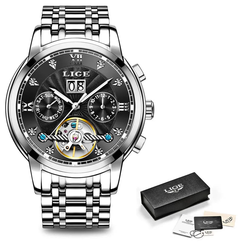 Men's Luxury Automatic Mechanical Tourbillon Watch - Stainless Steel Sport Timepiece