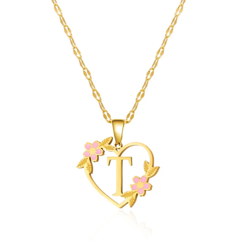 Korean Flower Stainless Steel Initial Letter Name Pendant Necklace for Women Men A-Z Letters Friendship Choker Jewelry Gifts