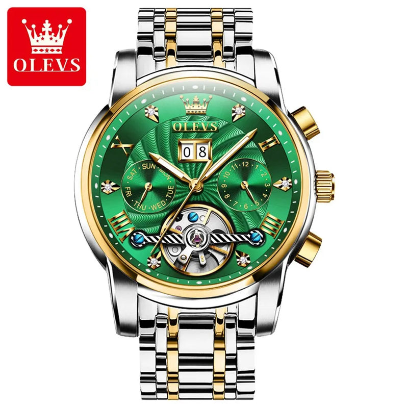 Mens Watch Automatic Mechanical Tourbillon Slef-Wind Luxury Stainless Steel Strap Waterproof Luminous Date Wrist Watch