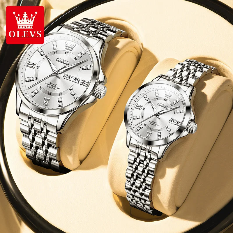 Original Luxury Couple Watch Waterproof Luminous Quartz Watch His and Her Stainless Steel Strap Temperament Wristwatch