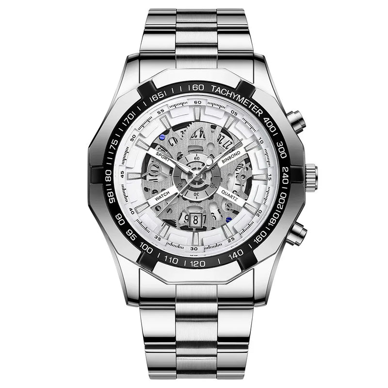 Men Watch Light Luxury Brand Business Hollow Luminous Waterproof Stainless Steel Metal Strap Male Fashion Quartz Watches