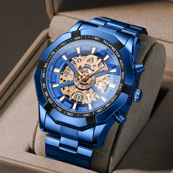 Men Watch Light Luxury Brand Business Hollow Luminous Waterproof Stainless Steel Metal Strap Male Fashion Quartz Watches