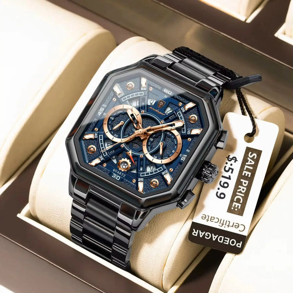 Luxury Men's Chronograph Watch - Waterproof Luminous Date Function, Stainless Steel Quartz with Box