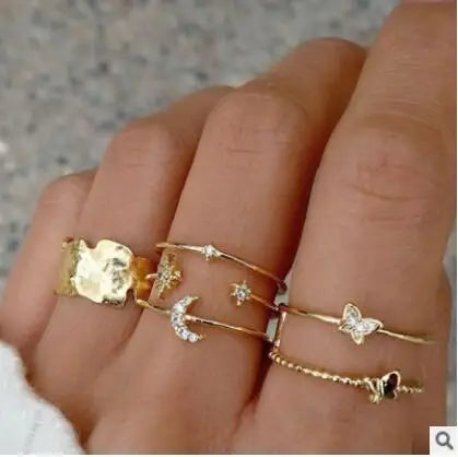 Gold Rings Set 5pc - Beauty & Butterflies