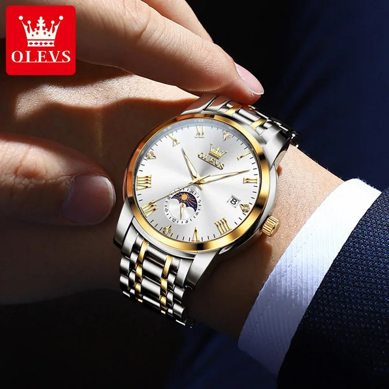New Top Brand Moon Phase Men'S Watches Date Deep Waterproof Roman Dial High Quality Stainless Steel Original Watch for Men