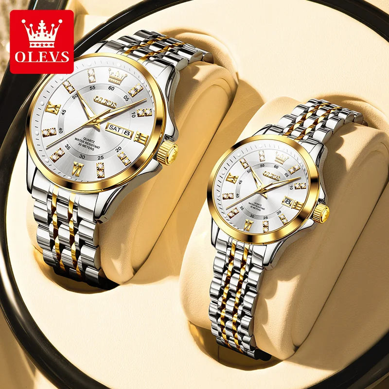 Original Luxury Couple Watch Waterproof Luminous Quartz Watch His and Her Stainless Steel Strap Temperament Wristwatch