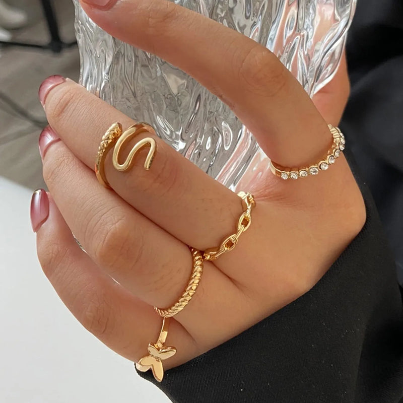 Gold Rings Set 5pc - Beauty & Butterflies