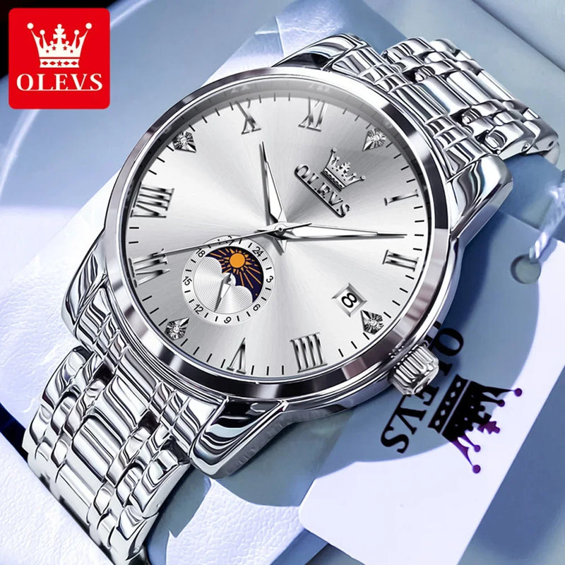 New Top Brand Moon Phase Men'S Watches Date Deep Waterproof Roman Dial High Quality Stainless Steel Original Watch for Men