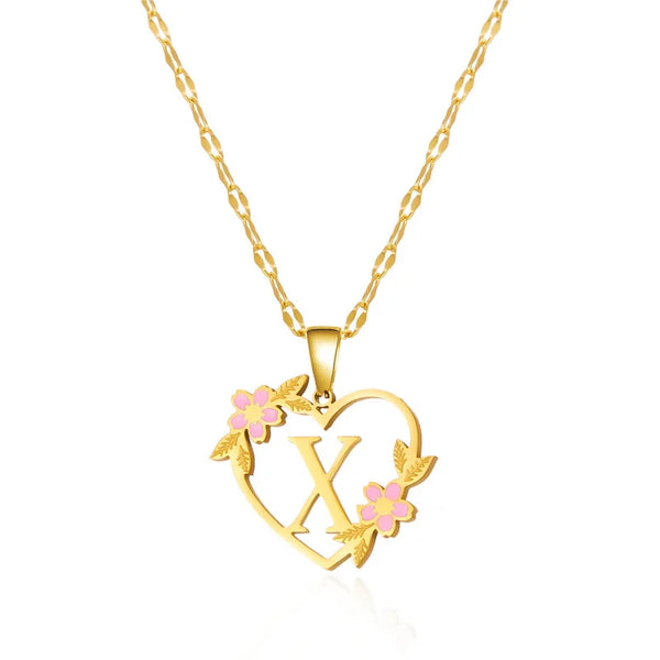 Korean Flower Stainless Steel Initial Letter Name Pendant Necklace for Women Men A-Z Letters Friendship Choker Jewelry Gifts