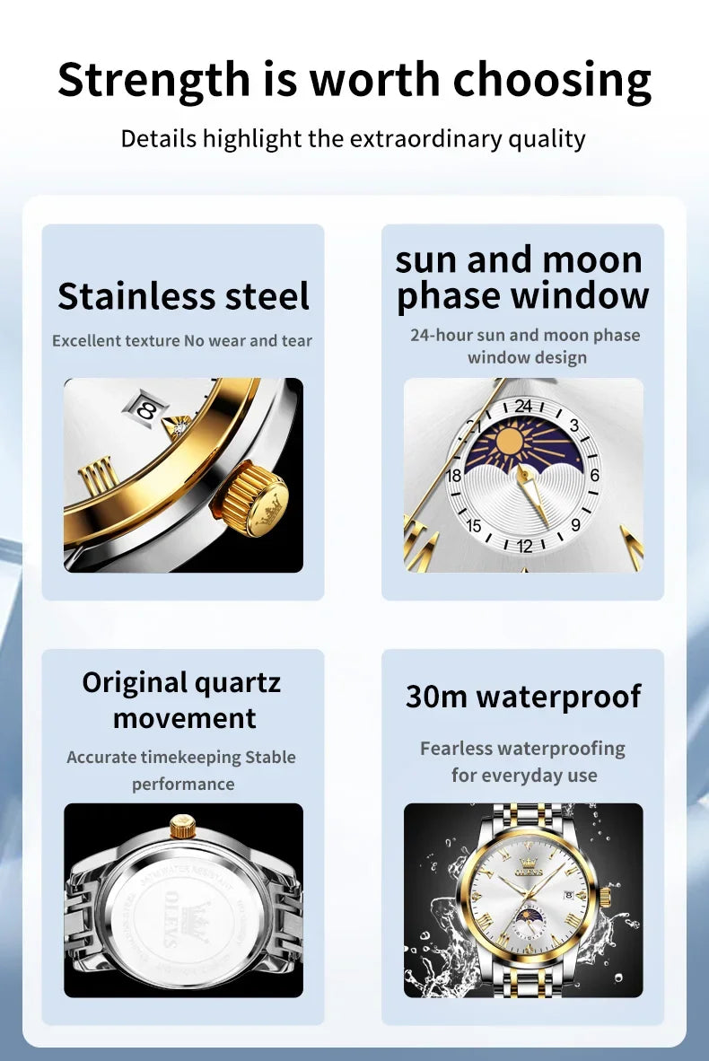 New Top Brand Moon Phase Men'S Watches Date Deep Waterproof Roman Dial High Quality Stainless Steel Original Watch for Men