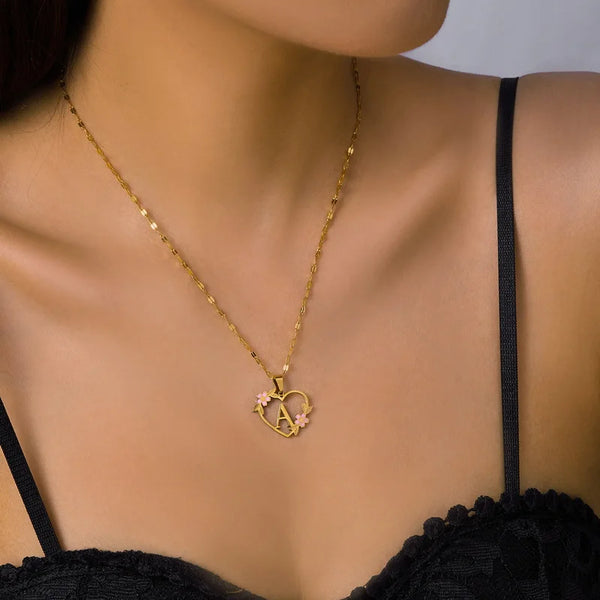 Korean Flower Stainless Steel Initial Letter Name Pendant Necklace for Women Men A-Z Letters Friendship Choker Jewelry Gifts