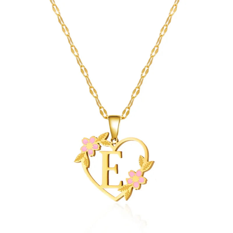 Korean Flower Stainless Steel Initial Letter Name Pendant Necklace for Women Men A-Z Letters Friendship Choker Jewelry Gifts
