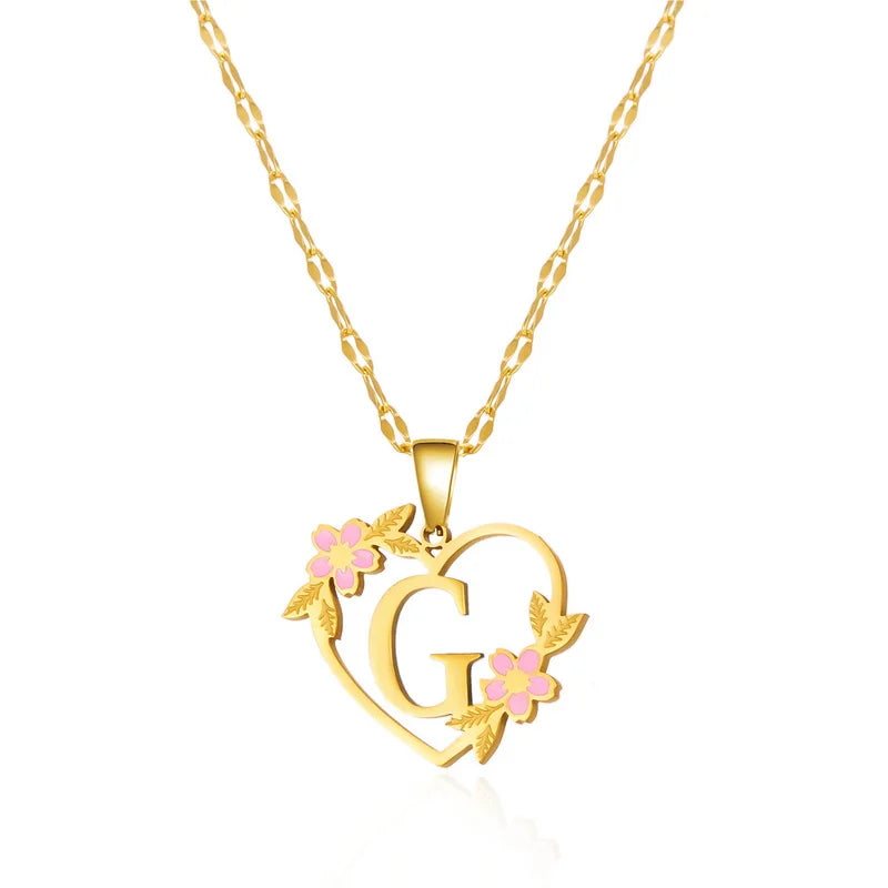 Korean Flower Stainless Steel Initial Letter Name Pendant Necklace for Women Men A-Z Letters Friendship Choker Jewelry Gifts