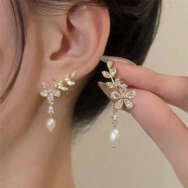 Exquisite Leaves Crystal Flower Stud Earrings for Women AAA Zircon Rose Butterfly Tassel Earring Bride Wedding Party Jewelry