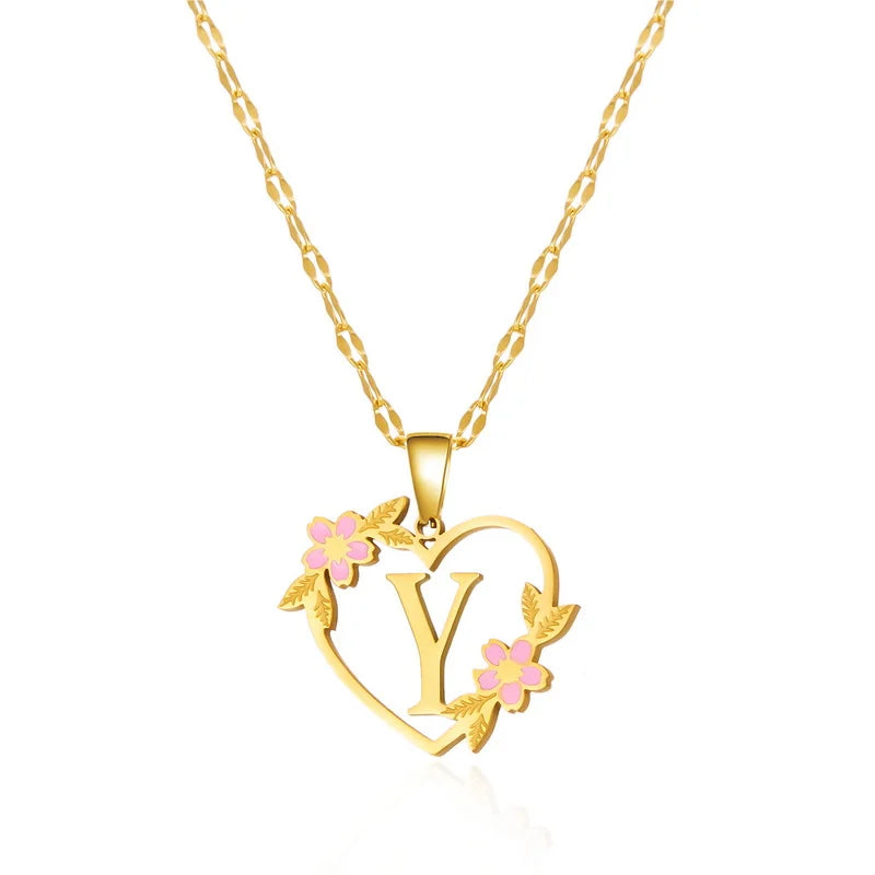 Korean Flower Stainless Steel Initial Letter Name Pendant Necklace for Women Men A-Z Letters Friendship Choker Jewelry Gifts