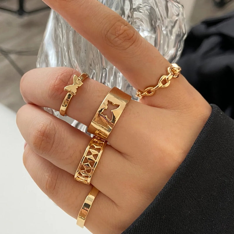 Gold Rings Set 5pc - Beauty & Butterflies