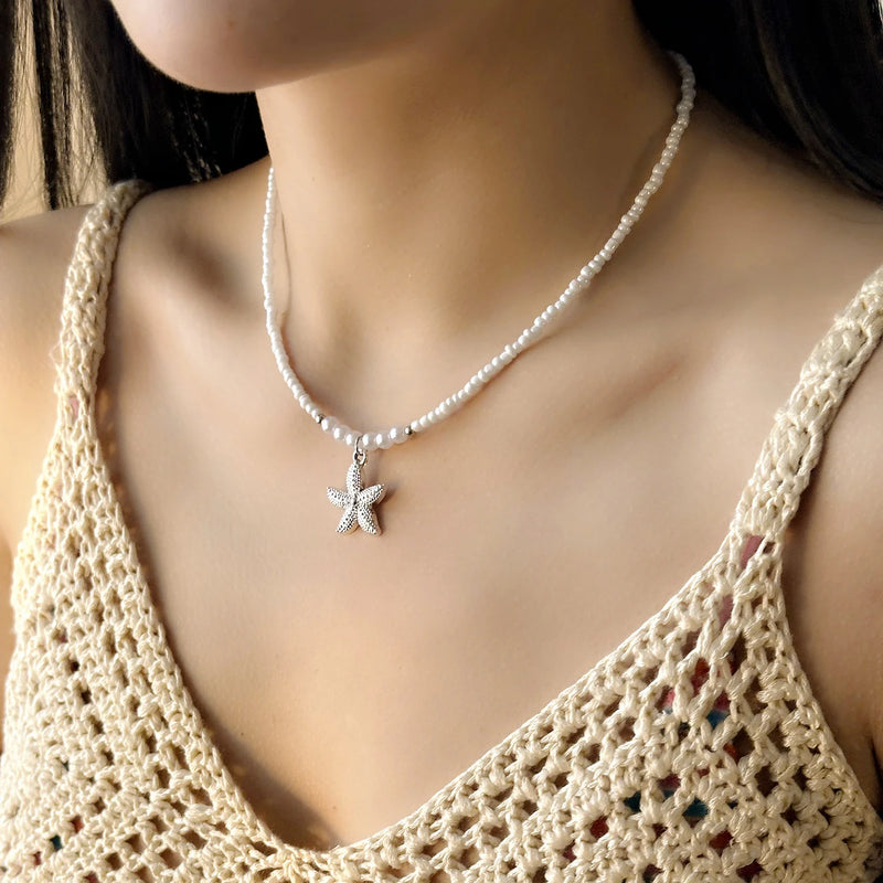 Bohemian Rice Beads Starfish Pendant Necklace for Women Handmade Imitation Pearl Colorful Beaded Choker Summer Beach Jewelry