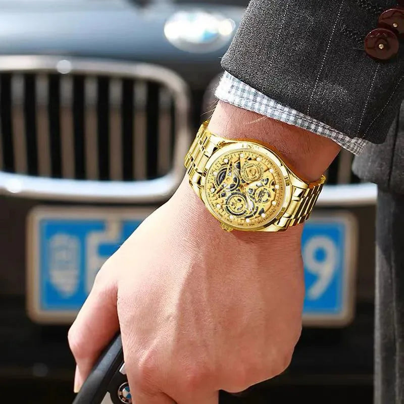 Men'S Watch Business Light Luxury High-End Brand Versatile Gold Hollow Male Fashion Quartz Clock Watches