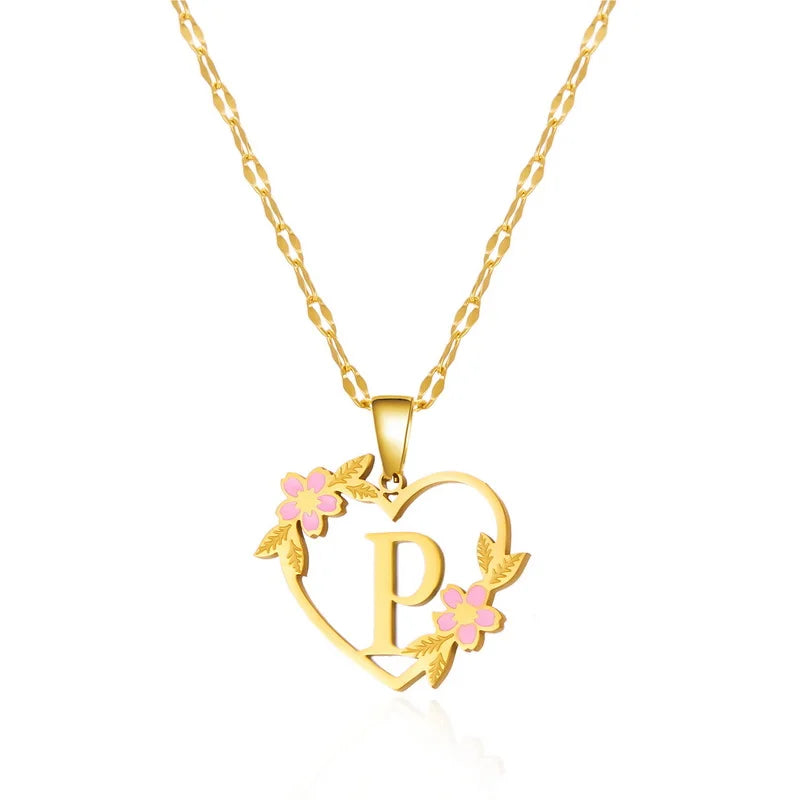 Korean Flower Stainless Steel Initial Letter Name Pendant Necklace for Women Men A-Z Letters Friendship Choker Jewelry Gifts