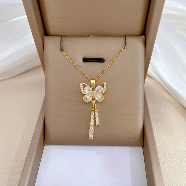 Exquisite Micro Inlaid Zircon Butterfly Tassel Necklace for Women Stainless Steel Moon Butterfly Flower Clavicle Choker Jewelry