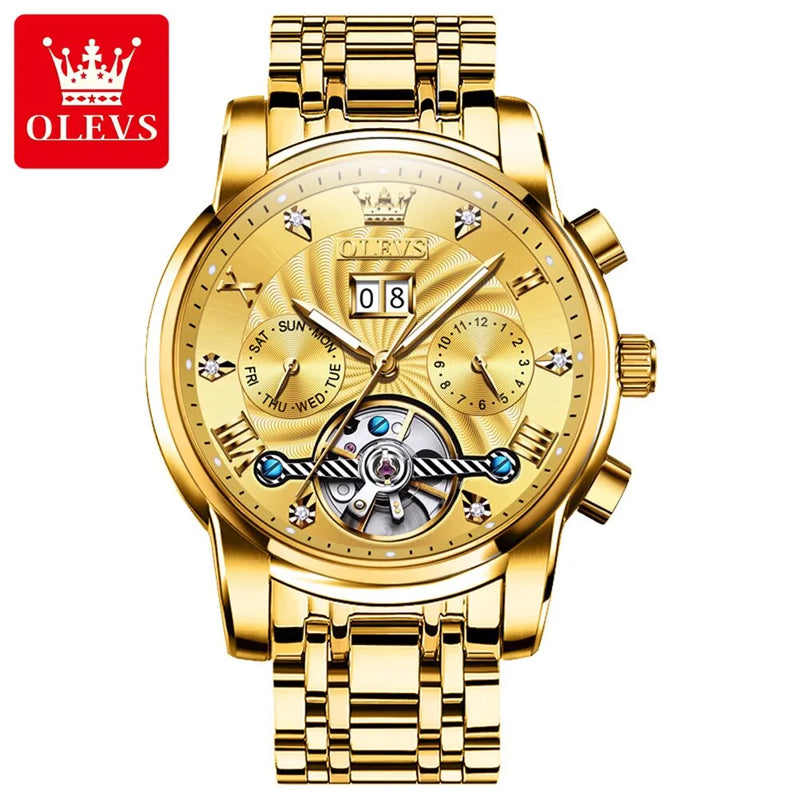 Mens Watch Automatic Mechanical Tourbillon Slef-Wind Luxury Stainless Steel Strap Waterproof Luminous Date Wrist Watch