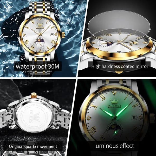New Top Brand Moon Phase Men'S Watches Date Deep Waterproof Roman Dial High Quality Stainless Steel Original Watch for Men