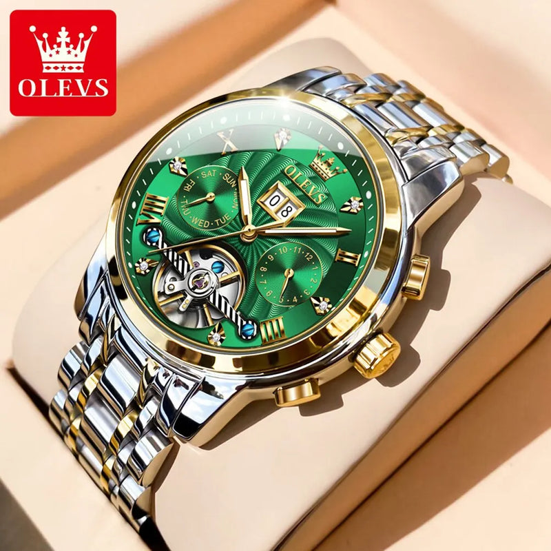 Mens Watch Automatic Mechanical Tourbillon Slef-Wind Luxury Stainless Steel Strap Waterproof Luminous Date Wrist Watch