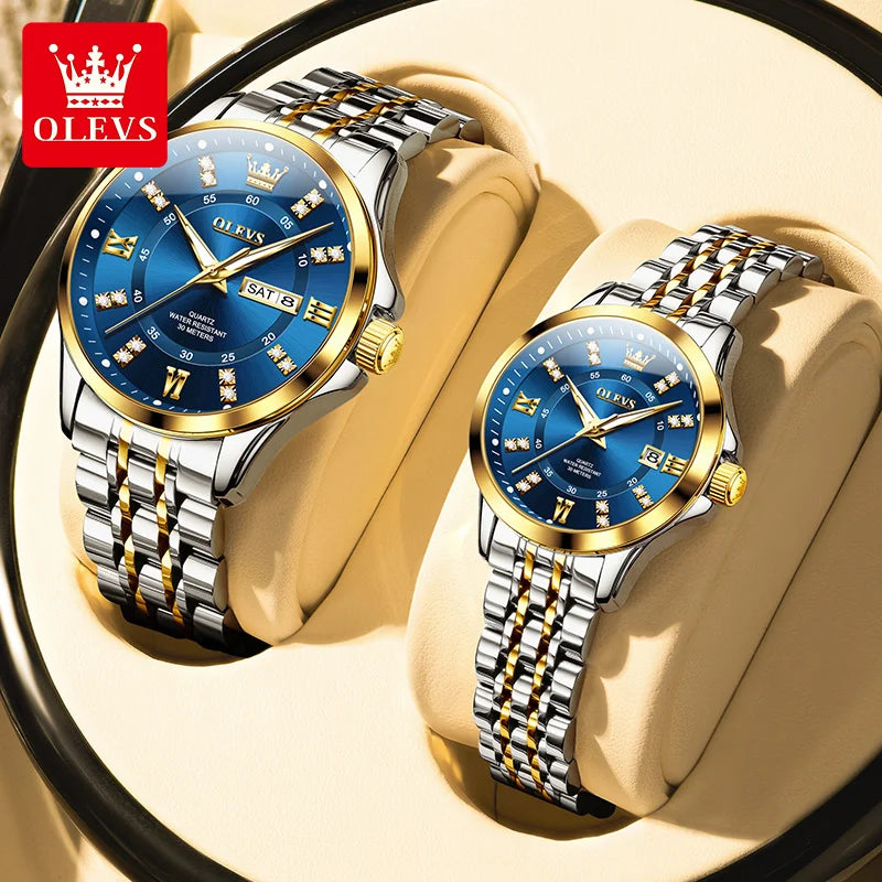 Original Luxury Couple Watch Waterproof Luminous Quartz Watch His and Her Stainless Steel Strap Temperament Wristwatch