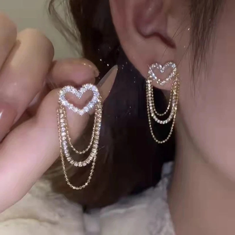 Luxury Trend Black Color Double Layer Earrings for Women Korean Crystal Zircon Geometric Earring Bride Wedding Statement Jewelry