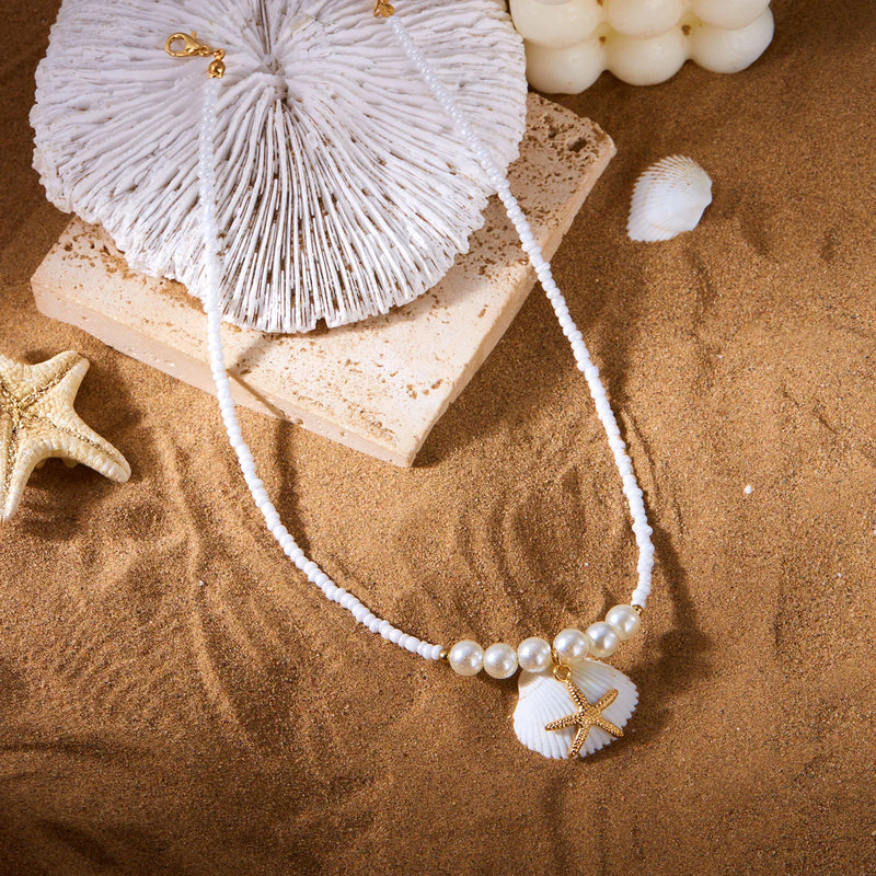 Bohemian Rice Beads Starfish Pendant Necklace for Women Handmade Imitation Pearl Colorful Beaded Choker Summer Beach Jewelry