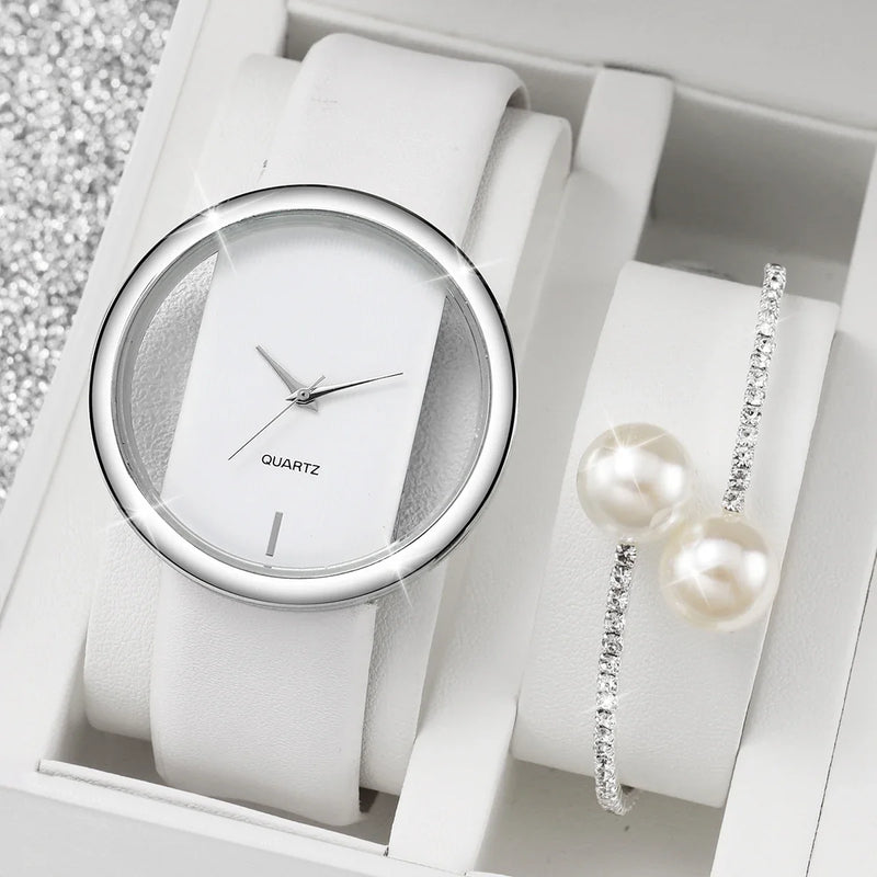 2PCS/Set Women's Pearl Bracelet Watch Set