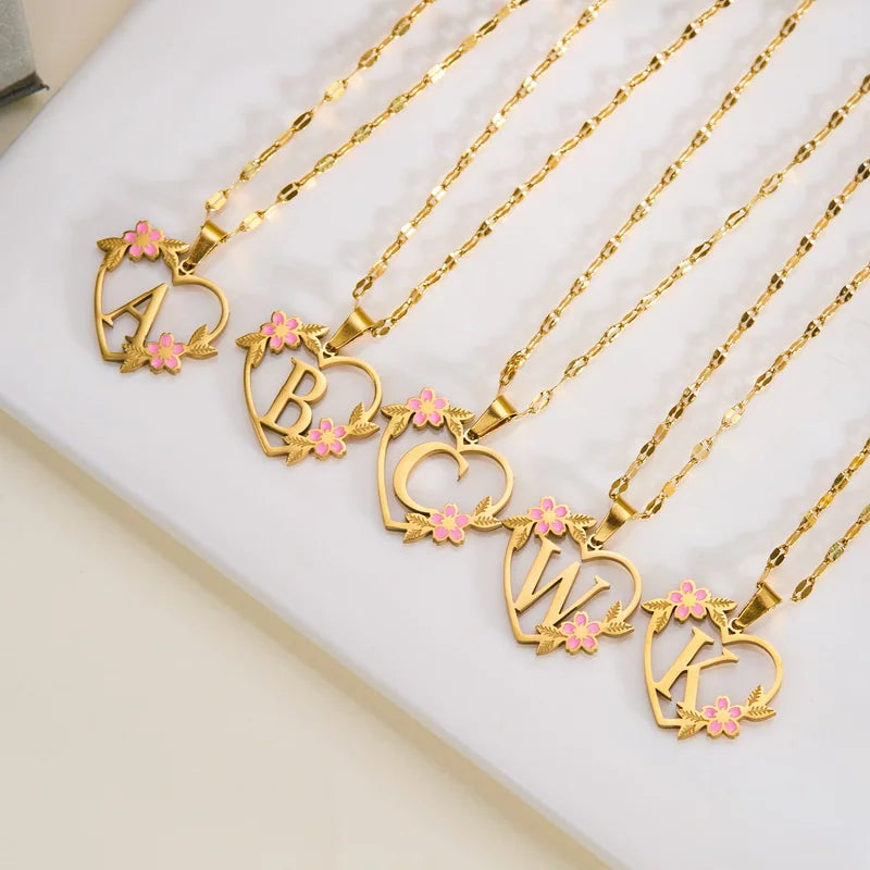 Korean Flower Stainless Steel Initial Letter Name Pendant Necklace for Women Men A-Z Letters Friendship Choker Jewelry Gifts